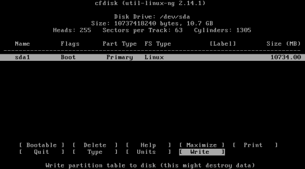 cfdisk (util-linux-ng) - Write